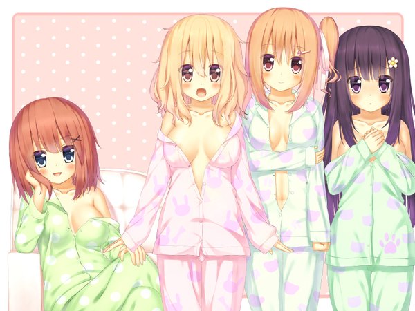 Anime picture 1680x1260 with original wataru (zazazazazazawa) looking at viewer blush short hair breasts open mouth blue eyes light erotic black hair blonde hair multiple girls brown eyes orange hair girl 3 girls x hair ornament pajamas