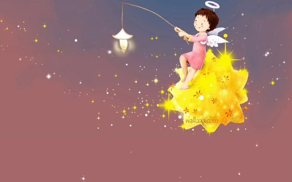 Anime picture 1280x800 with tagme (artist) short hair wide image fake wings fishing wings star (stars) halo lantern child (children) fishing rod