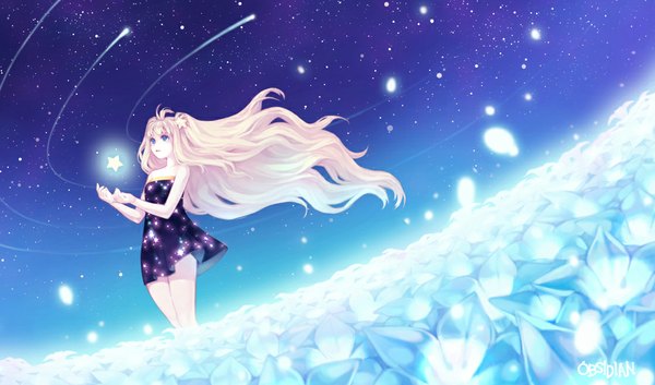 Anime picture 1118x658 with vocaloid seeu obsidian single long hair fringe open mouth blue eyes blonde hair wide image standing bare shoulders signed sky ahoge wind night teeth night sky glowing