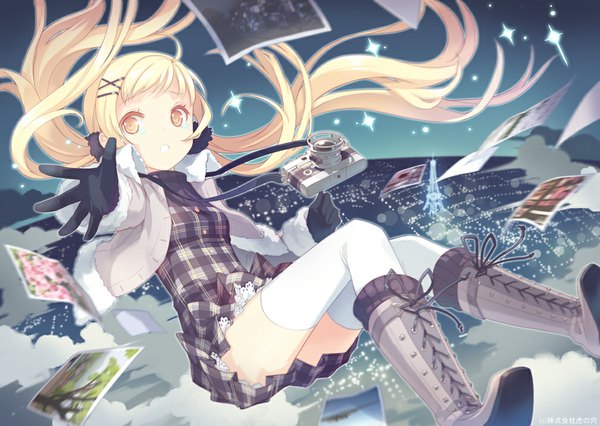 Anime picture 1008x717 with original h2so4 single long hair blonde hair twintails yellow eyes flying girl thighhighs gloves hair ornament white thighhighs jacket boots hairclip x hair ornament camera photo (object)