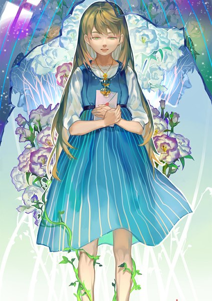 Anime picture 749x1063 with original yuukaku single long hair tall image open mouth blonde hair green eyes profile looking down silhouette girl dress boy flower (flowers) plant (plants) rose (roses) pendant blue dress letter
