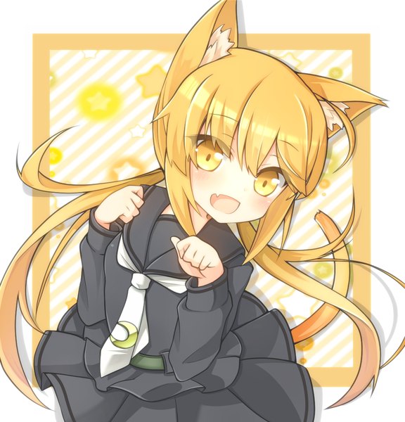 Anime picture 1080x1125 with kantai collection satsuki destroyer rateratte tsukafi single long hair tall image looking at viewer blush open mouth blonde hair twintails animal ears yellow eyes tail animal tail cat ears teeth cat tail fang (fangs)
