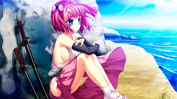 Anime picture 1280x720 with chusingura46+1 ooishi sakura nui (artist) single blush short hair light erotic wide image sitting bare shoulders looking away game cg sky cloud (clouds) red hair girl gloves weapon sword socks