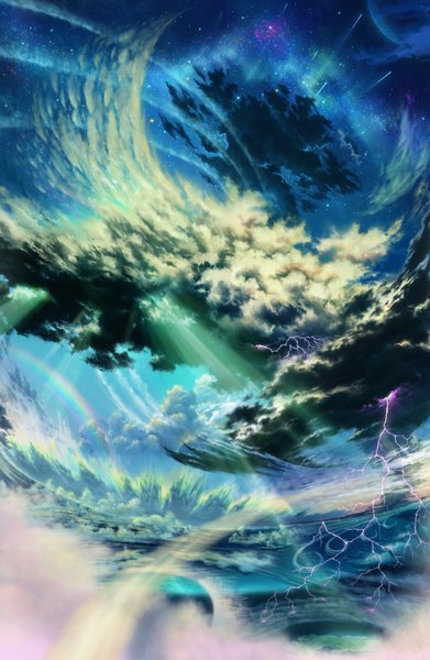 Anime picture 1000x1533 with original iy (tsujiki) tall image sky cloud (clouds) sunlight night night sky light no people lightning moon star (stars) full moon rainbow