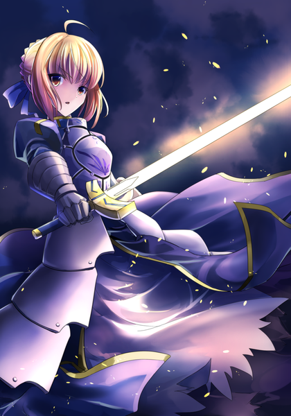 Anime picture 1120x1600 with fate (series) fate/stay night type-moon artoria pendragon (all) saber janne cherry single long hair tall image looking at viewer open mouth blonde hair standing holding yellow eyes cloud (clouds) braid (braids) wind night night sky