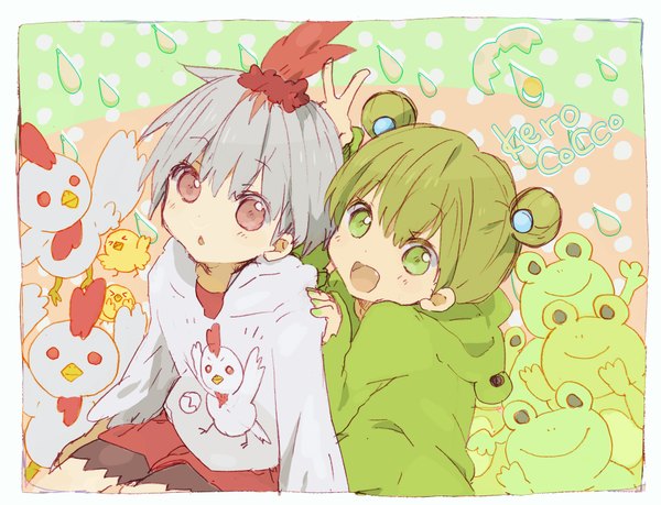 Anime picture 1847x1414 with original tomtomtoy highres short hair open mouth red eyes green eyes green hair grey hair loli looking up child (children) frog frog suit