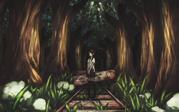 Anime picture 1280x800 with original banajune single long hair black hair brown hair wide image light girl uniform plant (plants) school uniform tree (trees) forest railways