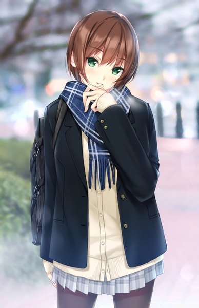 Anime picture 860x1330 with original n69 single tall image looking at viewer blush short hair brown hair standing green eyes outdoors head tilt depth of field exhalation girl uniform school uniform pantyhose scarf school bag