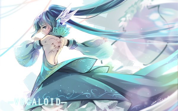 Anime picture 1920x1200 with vocaloid hatsune miku vilor single looking at viewer fringe highres bare shoulders very long hair aqua eyes light smile aqua hair tattoo puffy sleeves turning head bare back girl dress detached sleeves detached collar