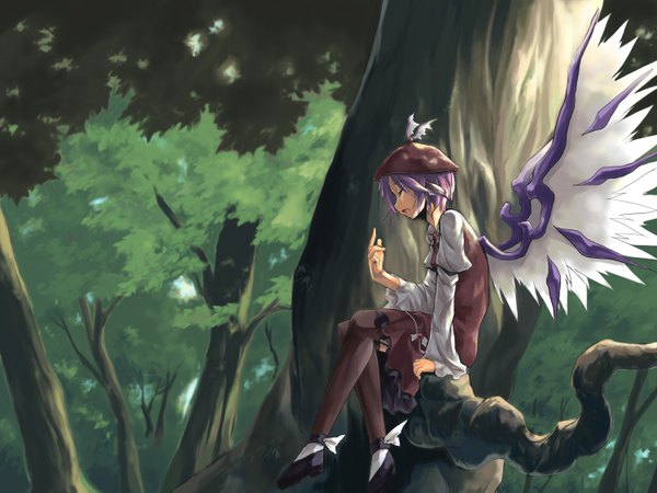 Anime picture 1500x1125 with touhou mystia lorelei sorano eika single short hair open mouth sitting animal ears pink hair eyes closed tree sitting girl thighhighs dress plant (plants) hat wings tree (trees)