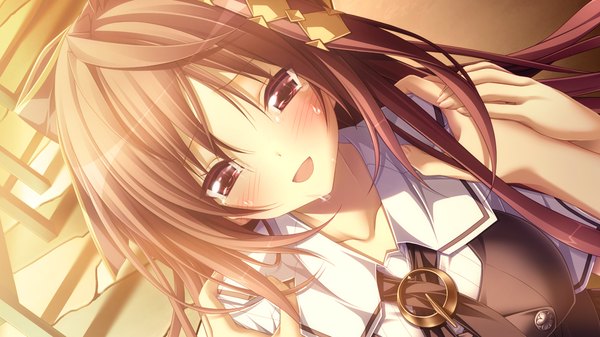 Anime picture 1280x720 with chrono clock jounouchi makoto koku long hair blush open mouth red eyes brown hair wide image game cg tears girl uniform school uniform