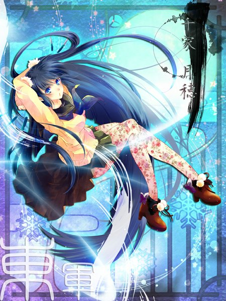 Anime picture 750x1000 with original yuuki sara (artist) single long hair tall image looking at viewer blush blue eyes black hair full body floral print girl dress pantyhose shoes ankle boots