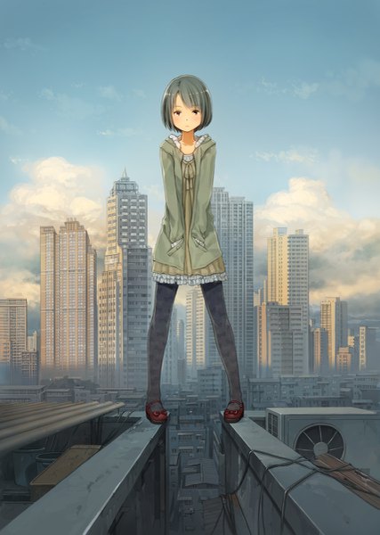 Anime picture 855x1200 with original yoshida seiji single tall image looking at viewer short hair standing brown eyes sky cloud (clouds) full body grey hair fur trim city cityscape expressionless hands in pockets girl dress bow