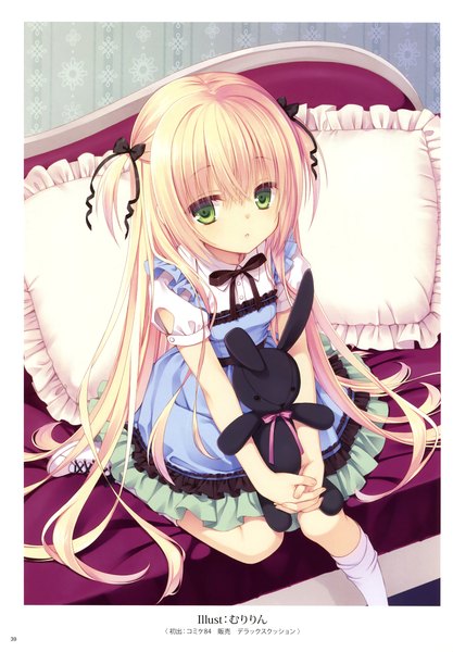 Anime picture 2432x3500 with original k-books (artbook) muririn single long hair tall image highres blonde hair green eyes scan official art girl dress pillow toy stuffed animal couch stuffed rabbit