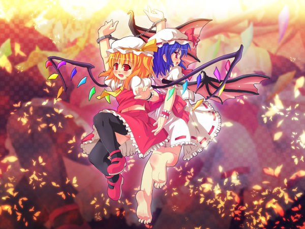 Anime picture 1600x1200 with touhou flandre scarlet remilia scarlet etogami kazuya highres multiple girls barefoot wallpaper soles girl thighhighs skirt 2 girls wings chain skirt set handcuffs