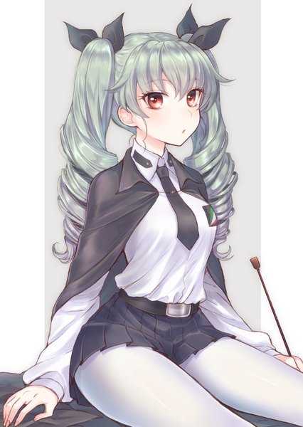 Anime picture 817x1150 with girls und panzer anchovy (girls und panzer) totonii (totogoya) single long hair tall image looking at viewer blush fringe breasts red eyes sitting twintails parted lips pleated skirt fingernails green hair :o drill hair girl