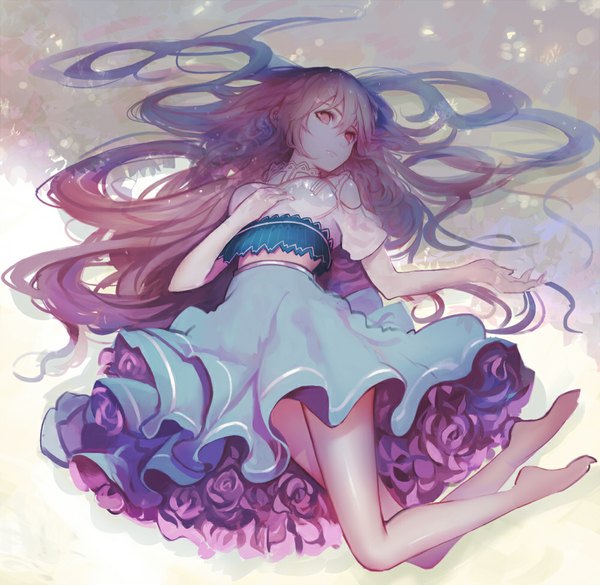 Anime picture 1000x975 with original mconch single looking at viewer fringe pink hair bent knee (knees) lying very long hair pink eyes barefoot bare legs shadow no shoes hand on chest girl dress flower (flowers) rose (roses)