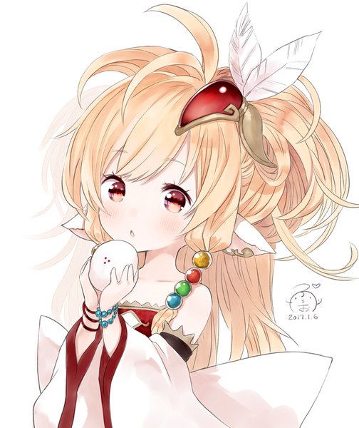 Anime picture 841x1000 with granblue fantasy mahira (granblue fantasy) capriccio single long hair tall image looking at viewer blush simple background blonde hair red eyes white background bare shoulders holding animal ears upper body ahoge pointy ears wide sleeves :o