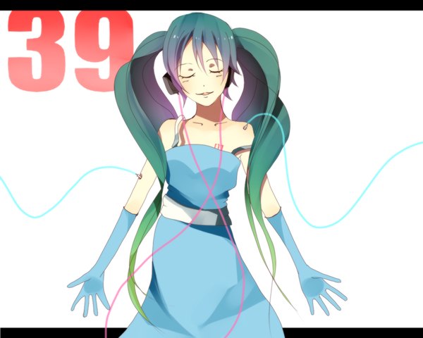 Anime picture 1280x1024 with vocaloid hatsune miku himeka (miikan) single long hair blush simple background smile white background twintails bare shoulders eyes closed aqua hair 39 girl dress gloves headphones wire (wires)