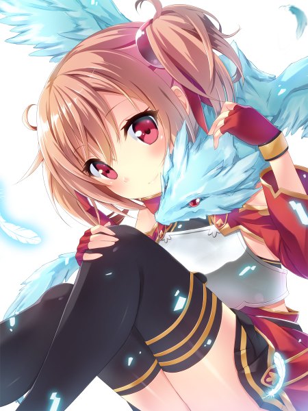 Anime picture 900x1200 with sword art online a-1 pictures silica pina (sao) keito (kazamatuli) single tall image looking at viewer blush fringe short hair hair between eyes red eyes brown hair white background sitting twintails light smile short twintails fantasy