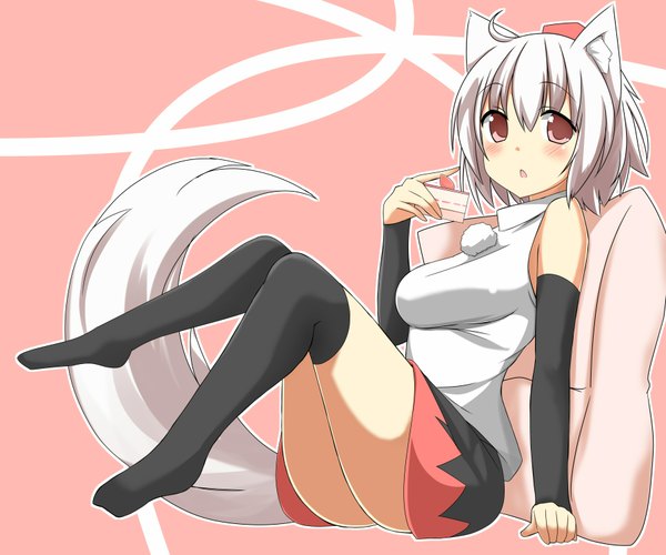 Anime picture 1800x1500 with touhou inubashiri momiji mii (makosuke) single blush highres short hair open mouth red eyes bare shoulders animal ears white hair animal tail legs girl thighhighs skirt black thighhighs hat detached sleeves