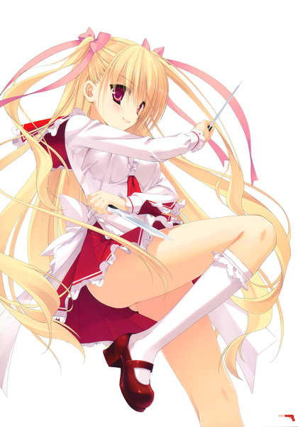 Anime picture 2435x3482 with hidan no aria mine riko kobuichi long hair tall image blush highres light erotic blonde hair simple background red eyes white background scan official art girl skirt uniform bow hair bow school uniform