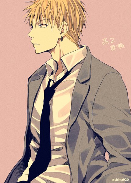 Anime picture 600x836 with kuroko no basket production i.g kise ryouta mashima shima single tall image short hair simple background blonde hair signed yellow eyes upper body profile piercing text ear piercing pink background open collar boy uniform