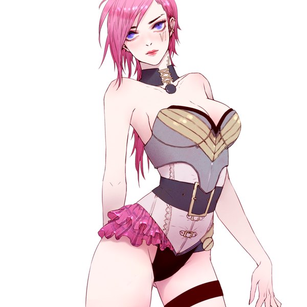 Anime picture 1748x1748 with league of legends vi (league of legends) heather37 single long hair blush highres light erotic simple background white background purple eyes bare shoulders pink hair upper body tattoo lipstick piercing facial mark ear piercing ass visible through thighs