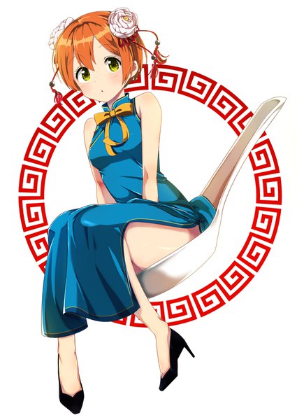 Anime picture 1254x1771 with love live! school idol project sunrise (studio) love live! hoshizora rin yuama (drop) single tall image looking at viewer blush fringe short hair light erotic simple background hair between eyes white background sitting bare shoulders green eyes full body traditional clothes
