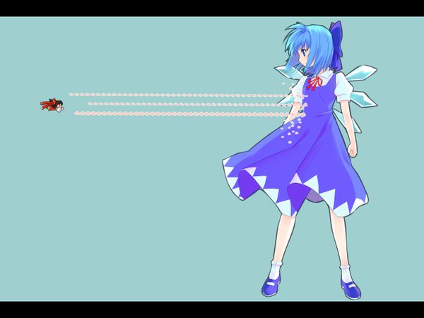 Anime picture 1280x960 with touhou hakurei reimu cirno yasuyuki short hair blue eyes blue hair girl ribbon (ribbons) wings