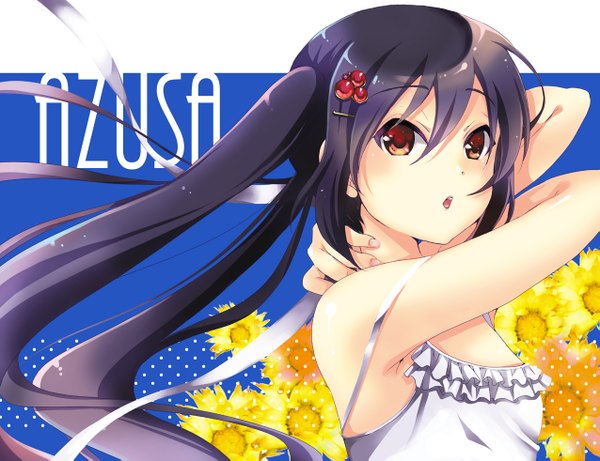 Anime picture 1275x981 with k-on! kyoto animation nakano azusa gouda nagi single long hair black hair red eyes twintails upper body character names girl hair ornament hairclip sunflower