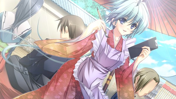 Anime picture 1280x720 with appare! tenka gomen katagiri hinata long hair blue eyes wide image blue hair game cg traditional clothes japanese clothes wa maid girl kimono apron