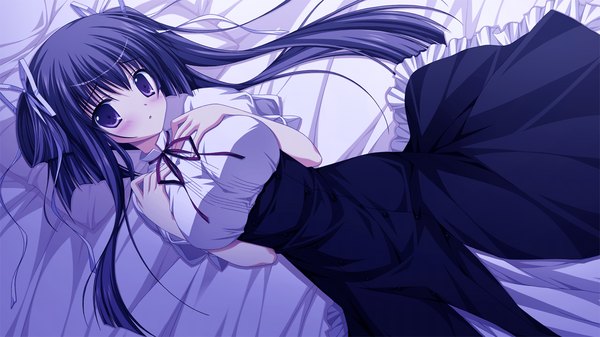 Anime picture 1280x720 with fortissimo//akkord:bsusvier (game) suzushiro nagisa ooba kagerou long hair blush black hair red eyes wide image game cg girl dress ribbon (ribbons) hair ribbon