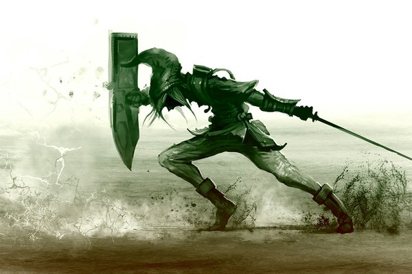 Anime picture 1024x683 with the legend of zelda link single monochrome battle dust boy sword armor shield