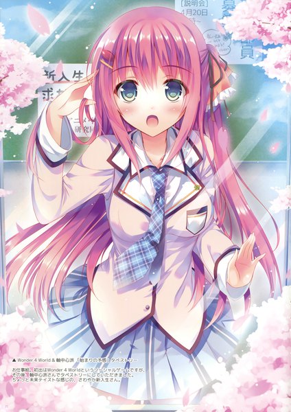 Anime picture 2772x3924 with hisama kumako single long hair tall image looking at viewer blush fringe highres open mouth hair between eyes green eyes pink hair official art text cherry blossoms salute spring against glass girl uniform