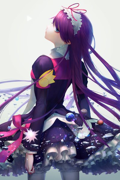 Anime picture 1200x1800 with puyopuyo feli rowya single long hair tall image fringe blue eyes simple background white background purple hair from behind back weightlessness girl dress ribbon (ribbons) bow hairband star (stars)