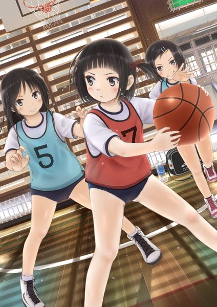 Anime picture 1191x1684 with original taka (tsmix) long hair tall image blush short hair black hair smile multiple girls brown eyes basketball girl uniform 3 girls gym uniform basketball ball