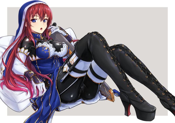 Anime picture 1518x1075 with original modern combat sister (tori@gununu) tori@gununu single long hair breasts open mouth blue eyes light erotic red hair girl dress gloves weapon sword elbow gloves boots white gloves thigh boots