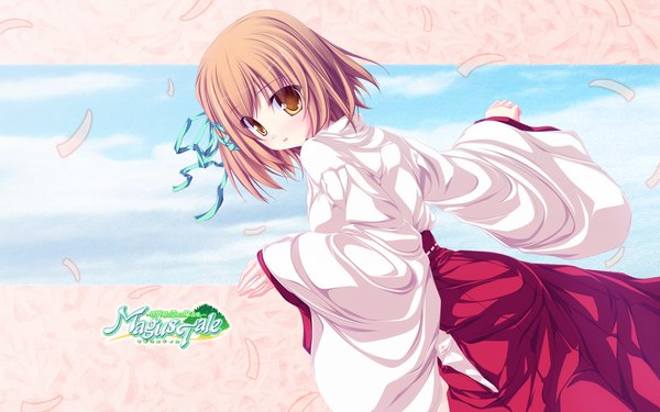 Anime picture 1920x1200 with magus tale whirlpool (studio) amagase koyuki tenmaso single looking at viewer blush highres short hair brown hair wide image brown eyes game cg traditional clothes japanese clothes looking back spread arms girl ribbon (ribbons) hair ribbon