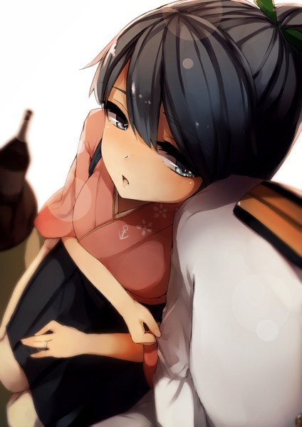 Anime picture 1400x1980 with kantai collection admiral (kantai collection) houshou light aircraft carrier kyouya (mukuro238) long hair tall image blush black hair sitting ponytail traditional clothes japanese clothes from above grey eyes lens flare girl boy skirt uniform ring