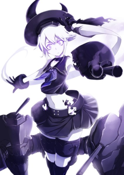 Anime picture 1240x1754 with kantai collection destroyer hime kurobuchi numama single tall image looking at viewer simple background white background purple eyes bare shoulders white hair very long hair pleated skirt sleeveless side ponytail spread arms pale skin sailor collar shinkaisei-kan girl