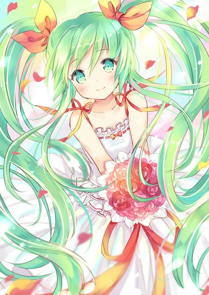 Anime picture 627x885 with vocaloid hatsune miku wataame27 single tall image looking at viewer blush fringe smile twintails bare shoulders very long hair aqua eyes green hair from above wind girl dress flower (flowers) ribbon (ribbons)