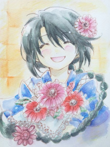 Anime picture 1536x2048 with rurouni kenshin makimachi misao sana (artist) single long hair tall image open mouth black hair braid (braids) eyes closed hair flower single braid happy ^ ^ ^o^ traditional media watercolor (medium) girl hair ornament flower (flowers)