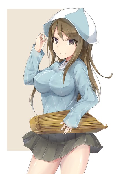Anime picture 1700x2400 with girls und panzer mika (girls und panzer) zhi zhi/zu zu single long hair tall image looking at viewer breasts light erotic black hair simple background smile brown hair large breasts standing brown eyes pleated skirt girl skirt uniform