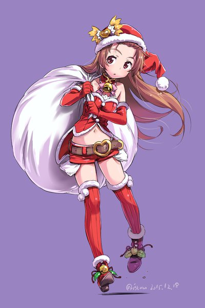 Anime picture 1000x1500 with precure dokidoki! precure toei animation madoka aguri isedaichi ken single long hair tall image simple background brown hair bare shoulders brown eyes signed full body parted lips :o midriff zettai ryouiki fur trim thighs