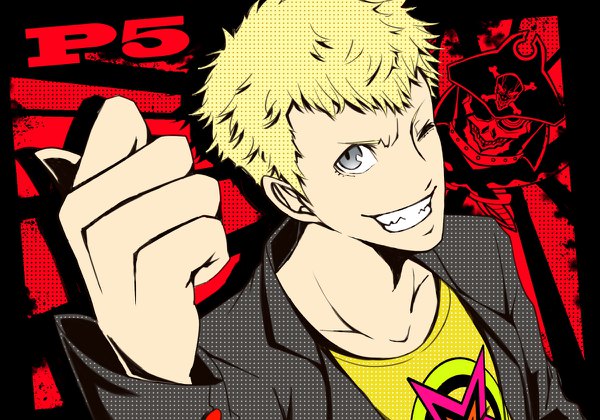 Anime picture 1200x840 with persona 5 persona sakamoto ryuuji motoki rinn single looking at viewer short hair blonde hair smile upper body one eye closed from above wink teeth grey eyes black background red background pirate boy hat