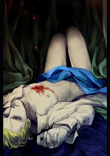 Anime picture 720x1018 with fate (series) fate/zero type-moon kayneth archibald el-melloi zluu single tall image looking at viewer short hair blue eyes simple background blonde hair signed nipples lying open clothes open shirt framed shirtless boy