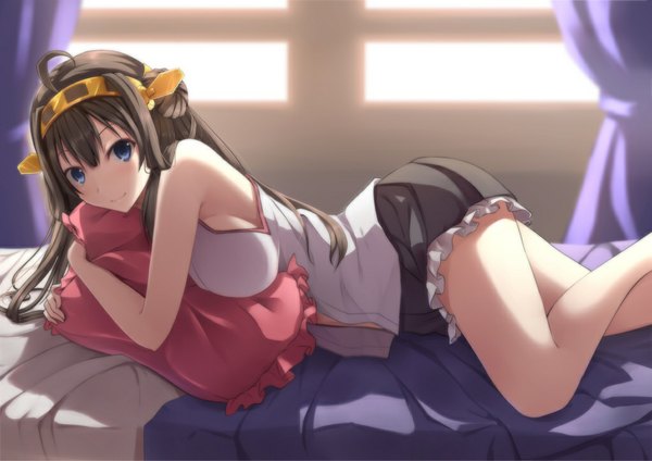Anime picture 1023x724 with kantai collection kongou battleship nicoby single long hair looking at viewer breasts blue eyes black hair smile ahoge lying nontraditional miko girl skirt hair ornament pillow bed