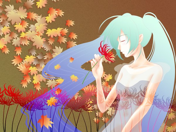 Anime picture 1280x964 with vocaloid hatsune miku tagme (artist) twintails silhouette girl flower (flowers) leaf (leaves) higanbana