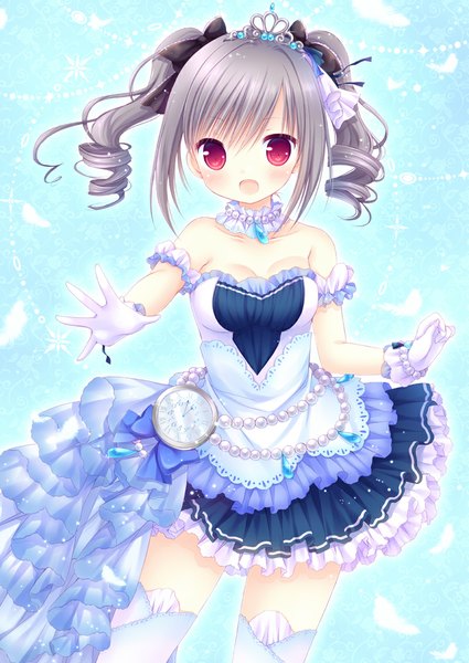 Anime picture 800x1130 with idolmaster idolmaster cinderella girls idolmaster cinderella girls starlight stage kanzaki ranko mizuse ruka single long hair tall image blush open mouth red eyes twintails grey hair drill hair starry sky bright girl thighhighs dress gloves bow